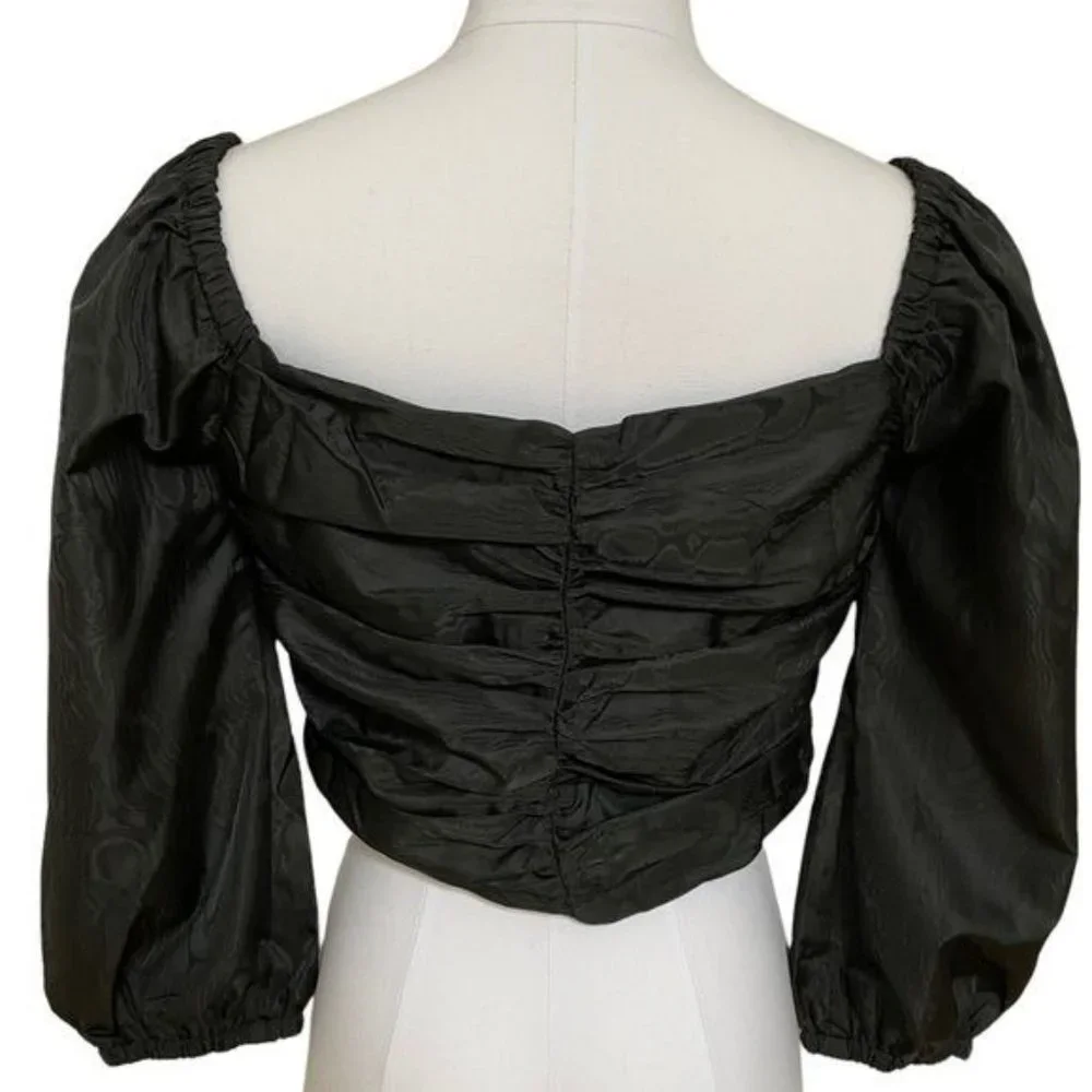 J. Crew Ruched Puff Sleeve Cropped Top in Black Size 10 NWT